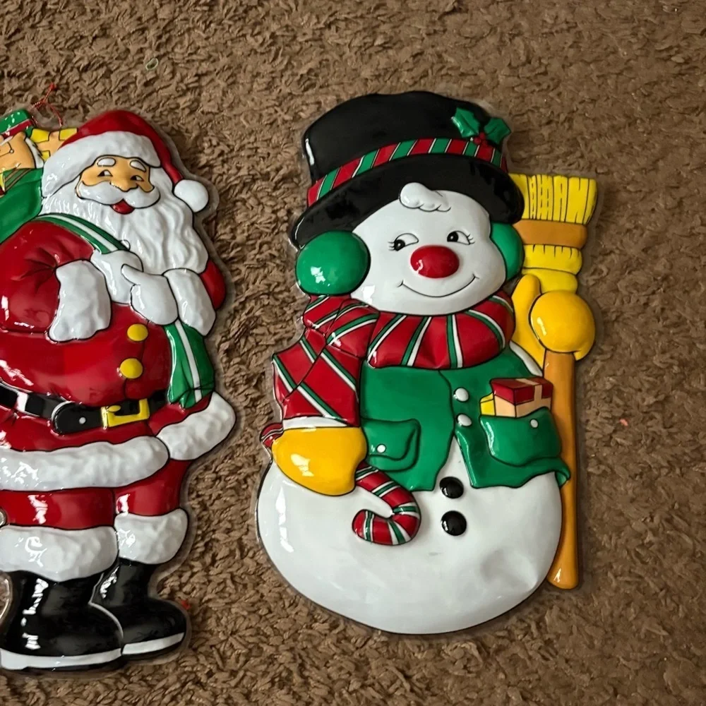 Vintage 3D Santa Claus Snowman Hanging Plastic Decor Bundle Lot 80s 90s Kitschy